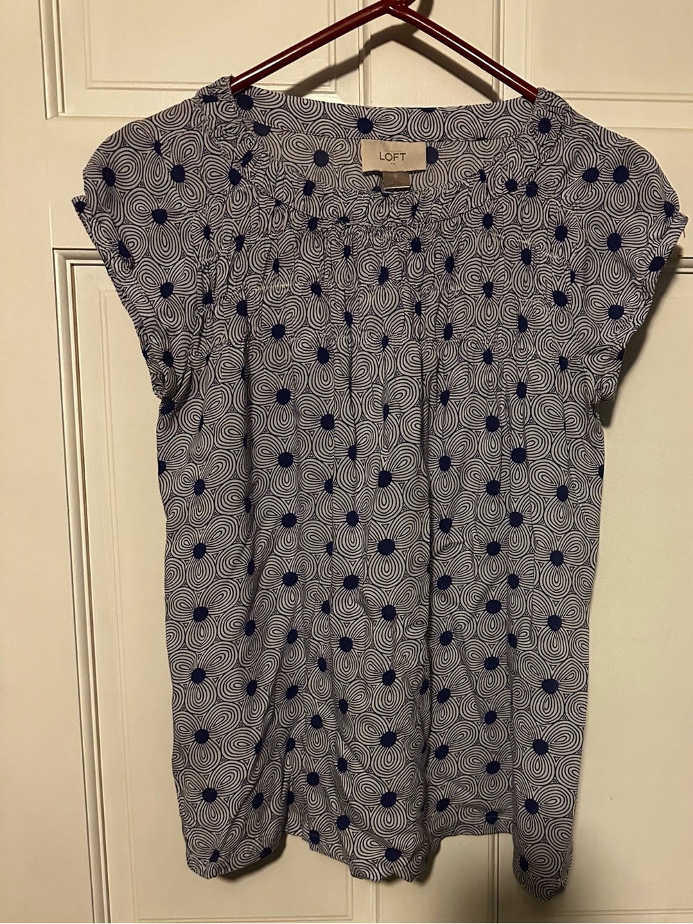 LOFT Blue and White Abstract Swirl Print Top